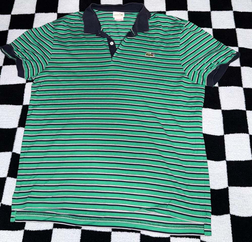 Lacoste Men's Green and Black Striped Short Sleeve Polo Shirt Size 7